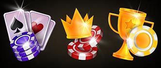 Playing cards, casino chips, tournament trophy